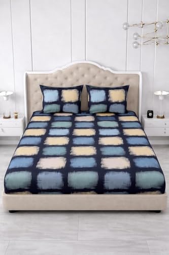 Image of 300 TC Cotton Feel Glace Cotton Elastic Fitted Bedsheet for King Size Double Bed | Fits up to 8 Inch Mattress | Printed Bedsheet with 2 Pillow Covers (Navy Blue, Queen Size - 60 inchx78 inch)