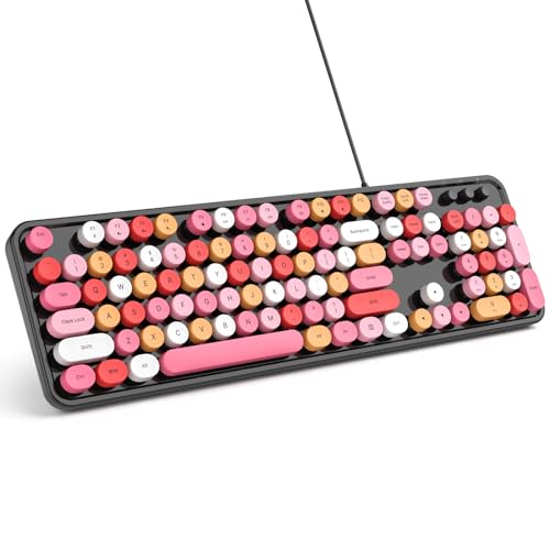 Image of MOWUX Computer Keyboard Wired, Plug and Play USB Retro Round Typewriter Keyboard, Full Size Wired Keyboard with Foldable Stands for Laptop and Office PC- Black Colorful