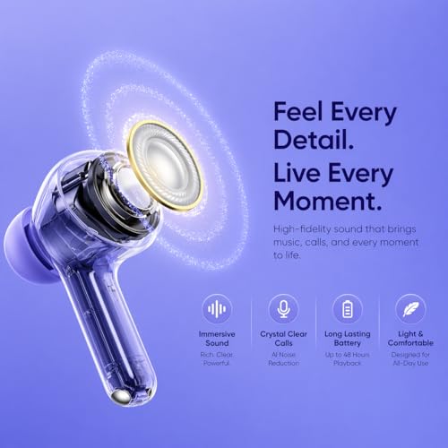 Image of Lynacz Original Premium Bluetooth Earbuds T200 Lite Compatible with Realme, iQOO, Oppo, Vivo with Hi-Res Audio, 12.4mm Dynamic Bass Drivers, ANC & 48 Hours Playback (Aurora Purple)