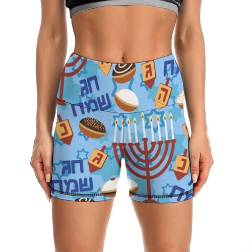 Happy Hanukkah Jewish Chanukah Holiday High Waist Yoga Shorts for Women Athletic Shorts Leggings Running Pants Black