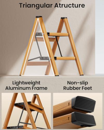 Image of SOLADDER 2 Step Ladder, Folding Step Stool with Anti-Slip Wide Sturdy Pedal, Multi-Use for Home and Kitchen Use, Space Saving-Woodgrain(300lbs Capacity)