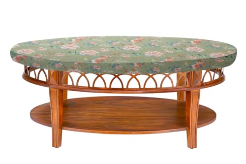 Image of The Furnishing Tree Elastic Cotton Oval Center Table Cover 18x60 in Inches Floral Multicolor on Greenish Base