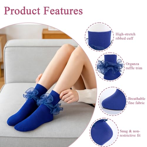 Image of Women Big Ruffle Ankle Socks Adult Double Lace Frilly Socks Fold Cuff Cotton Ruffled Dress Crew Bobby Bride Sock