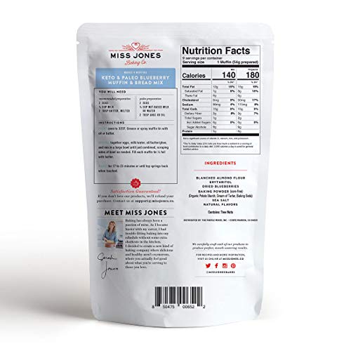Miss Jones Baking Blueberry Muffin Mix - Almond Flour, Gluten Free, Low Carb, No Sugar Added, Naturally Sweetened Desserts & Treats - Keto, Diabetic, Atkins, WW, and Paleo Friendly (Pack of 2)