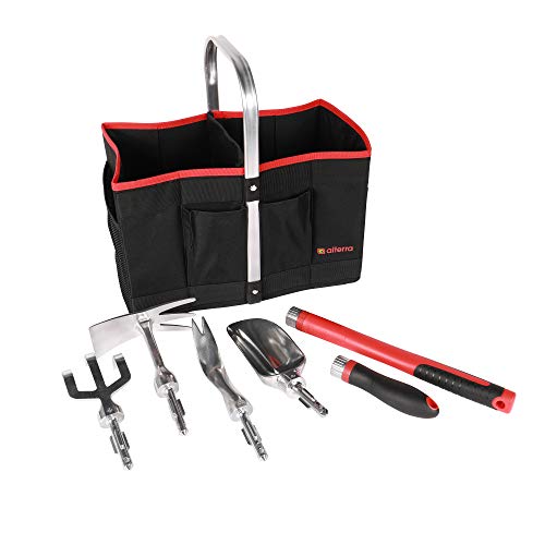 Alterra Tools Modular Garden and Yard Set Tool Kit with Collapsible Carrying Bag-Soft Handles with Interchangeable Heads-7 Piece, Red