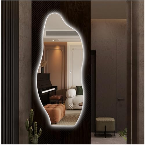 SDXYSTCE Miroir asymétrique avec éclairage, 50 x 120 cm, miroir mural pleine longueur avec éclairage, 3 couleurs de lumière, réglable, miroir de salle de bain, asymétrique, interrupteur tactile