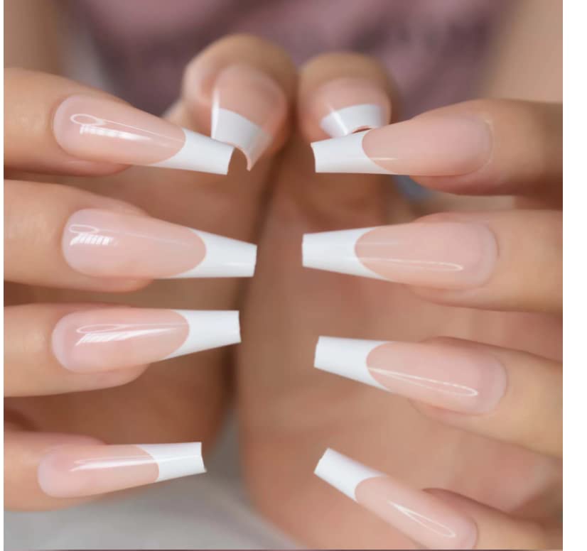 VIKSON INTERNATIONAL 20 Pcs EXTRA LONG SKIN NUDE FRENCH TIP UV GEL FINISH Reusable Artificial Nails set WITH NAIL GLUE STICKER SHEET & NAILS APPLY KIT. 1
