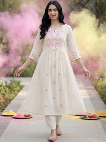 Image of INDO ERA Women's Floral Embroidered A-Line Pure Cotton Kurta Pant with Dupatta Set