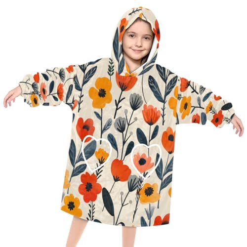 Wearable Blanket Hoodie for Kids, Colorful flower Fleece Sweatshirt Blanket Simple Oversized Blanket Sweatshirt with Pocket Flannel Warm Hooded Blanket 6-10 Year Old Girl Boy Gift, One Size