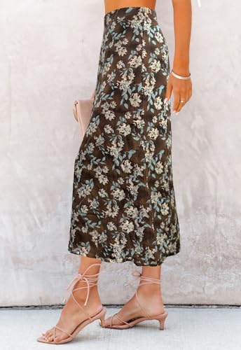 Image of HERBATOMIA Women's Floral Print Midi Skirt Casual High Elastic Waist Zipper Vintage Long Boho Skirts for Women
