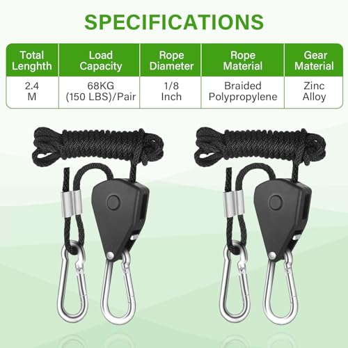 iPower GLROPE 1-Pair 1/8 Inch 8-Feet Long Heavy Duty Adjustable Rope Clip Hanger (150lbs Weight Capacity) Reinforced Metal Internal Gears, 1 Pack, Black