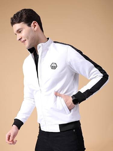 Image of The Indian Garage Co Men White Regular Fit Colourblocked Bomber Jacket