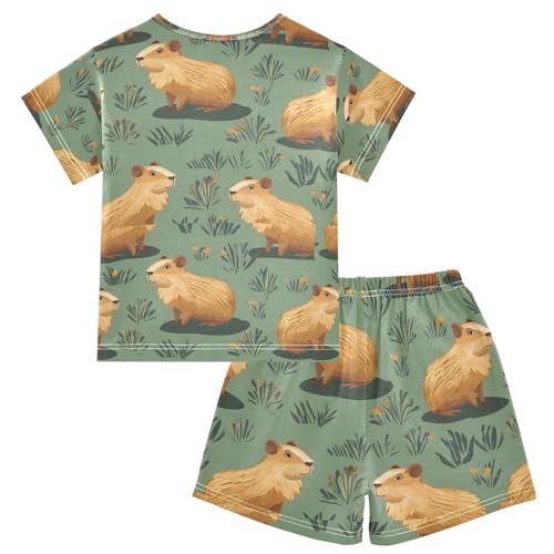 ALAZA Capybara Green Leaves Pajamas Set Short Sleeve Cotton Sleepwear Summer Pjs 2 Piece 5-14Y2
