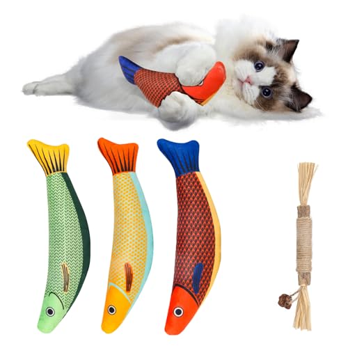 Cat Toys 4 Pack, Fish Shaped Catnip Toys with Crinkle Sound, Dura...