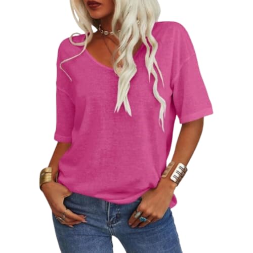 Tranquilm Women's Solid Color V-Neck T-Shirt Women's 3/4 Sleeve Shirts V Neck Loose Fitting Tops (Pink,L)