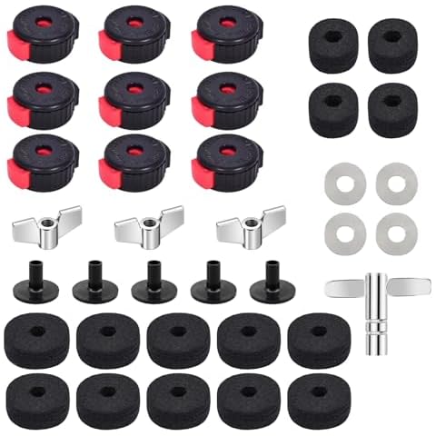 36 PCS Cymbal Replacement Accessories, Clutch Felts, Drum Cymbal Felt Pads Include Wing Nuts & Washers & Plastic Cymbals Sleeves & Drum Key and Plastic Cymbals Nuts, Replacement for Drum Set,Red Cover
