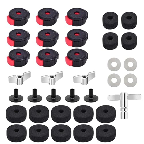 36 PCS Cymbal Replacement Accessories, Clutch Felts, Drum Cymbal Felt Pads Include Wing Nuts & Washers & Plastic Cymbals Sleeves & Drum Key and Plastic Cymbals Nuts, Replacement for Drum Set,Red