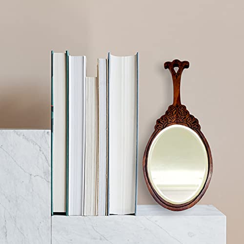Hashcart Hand Mirror for Women - Hand Held Mirror - Wooden Vintage Hand Mirror Travel Mirrors (Oval, Brown) Portable Decorative Hand Carved Purse Mirror