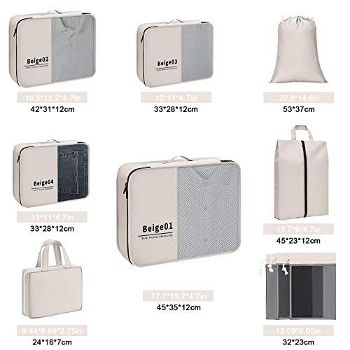 Easortm Packing Cubes 10 Set, Suitcase Organizer Bags Set Portable Travel Organizer Bags For Luggage, Travel Packing Organizers With Shoes Bag, Mesh Bag, Makeup Bag.(Beige) #TOP2