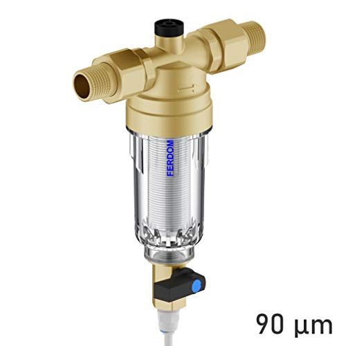 FERDOM FD177 Prefiltro. Filtro Dell’acqua Spin-Down, Riutilizzabile. Maglia Acciaio Inox, 90 Micron, Con.acqua 1/2”(3/4”), Flusso max 2,5m3/H. Testa di Ottone, Involucro Trasparente. Acqua Potabile.