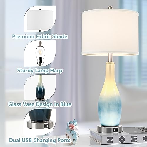 26in Tall Glass Table Lamps Set of 2 with USB Ports & LED Nightlight for Coastal Decor in Living Room or Bedroom