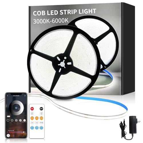 Image of 32.8ft COB LED Strip Lights 6000K White Dimmable DC 24V Flexible LED Tape Light for Bedroom, with Remote and app Control LED Light Strip,for DIY Home Decoration(White
