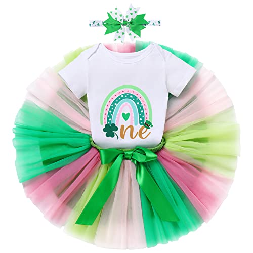 My 1st St.Patrick's Day Outfit Baby Girls Boho Rainbow Romper Tutu Skirt Headband Lucky Clover Green Dress First Birthday Outfit Clothes Set for Cake Smash Photo Props Green - Rainbow One 9-12 Months