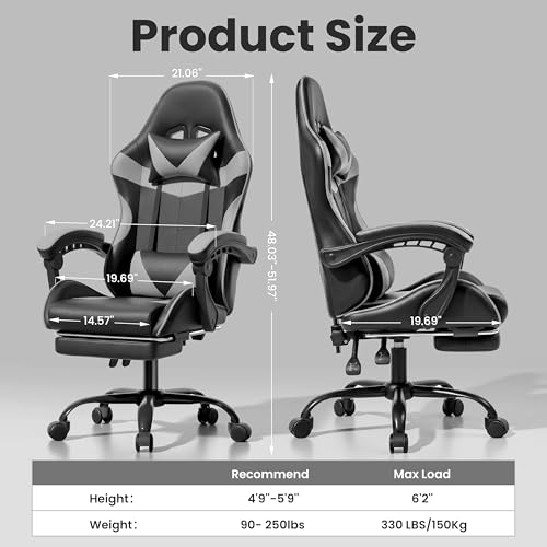 Image of Gaming Chair, Ergonomic Computer Chair with Footrest and Lumbar Support, Height Adjustable Office Chair with 360 Swivel Seat and Headrest (Black & Grey)