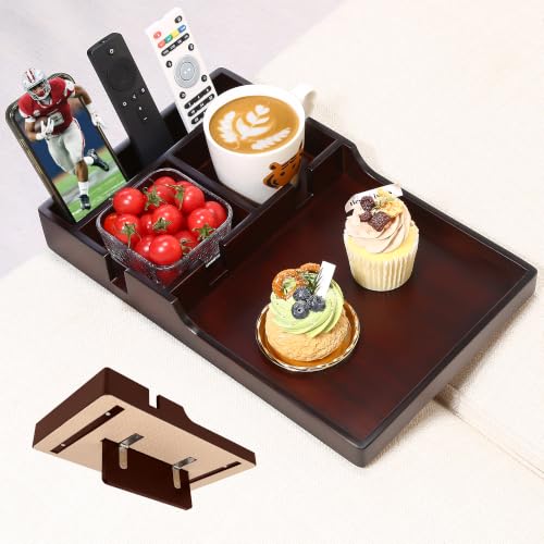 Acanacle Sofa Insert Tray for Middle Seat Bamboo Couch Table with 2 Cup Holders Fits Armless Sofa & Sectionals Fold-Flat Tray for Drinks Snacks & Remotes Brown
