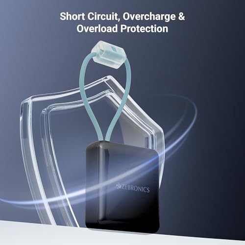 Image of ZEBRONICS EnergiTank 10R1, Compact Power Bank, 10000 mAh, 22.5W Rapid Charging, Built-in Type C & Lightning Cable + Type C Port, LED Percentage Indicator, For iPhone, Android, Tablets, Airpods (Black)