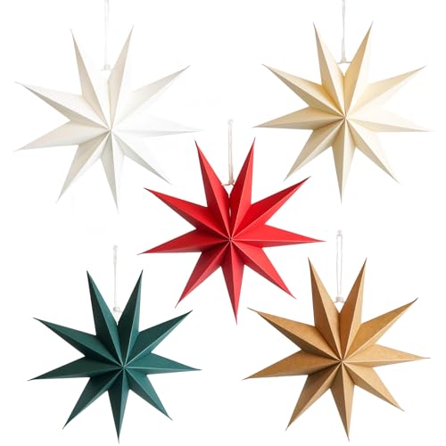 Christmas Paper Star Lanterns 12 Inch Hanging Lampshade Wedding Birthday Christmas Home Party Decoration 5 Pcs 9-Pointed (Mixed Color)