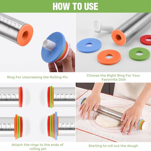 liboyixi Rolling Pin and Pastry Baking Mat Set, 17-inch Rolling Pins with Adjustable Thickness Rings, Stainless Steel Dough Roller for Baking Fondant, Pizza, Pie, Pastry, Pasta, Cookies (Red) — view 6