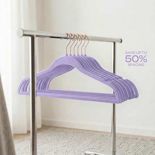 Image of Ginoya brothers Velvet Hangers,Non Slip Notched with Rose Gold Hook Coat /Suit Hangers,Space Saving 360 Degree Swivel Hook Clothes Hangers Wardrobe Hanger. (10, Lavender)