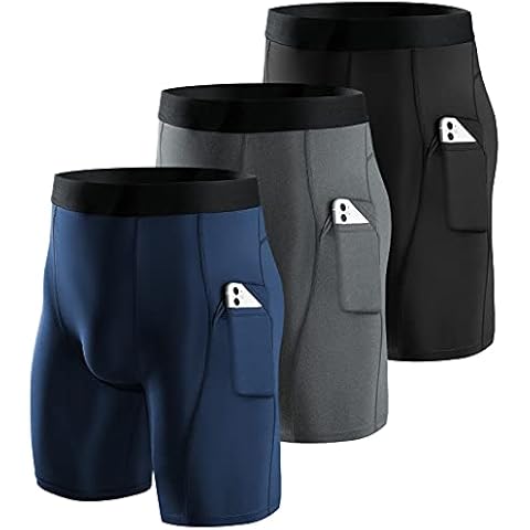 Niksa 3 Pack Mens Compression Shorts Running Base Layer Shorts Men’s Compression Workout Shorts with Cell Phone Pockets Tight Dry and Breathable Sports Shorts for Running,Black,Grey,Navy Blue,M Cover