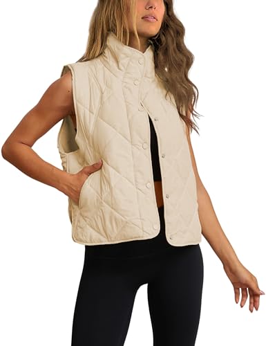 Zhiyouni Women's Quilted Puffer Vest Stand Collar Lightweight Button Down Padded Gilet with Pockets(LightKhaki-S)