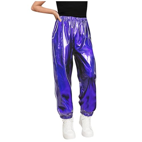 Shiny Fashion Joggers for Girls Solid Glossy Track Pants Elastic Waist Casual Stylish Activewear School Bottoms 2026 Blue