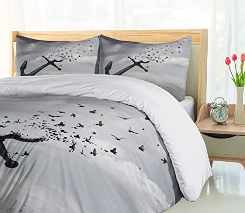 Ambesonne Birds Duvet Cover Set, Anchor Turns Into Group Of Flying Birds Seagulls For Liberty And Hope Mood Graphic Art, Decorative 3 Piece Bedding Set With 2 Pillow Shams, California King, Grey #TOP3