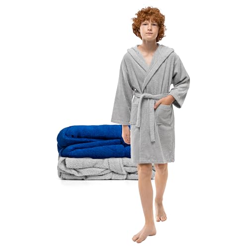 Twinzen Peignoir Adolescent Garçon Fille à Capuche, 100% Coton OekoTex, 13-14 Ans Gris - Tissu Éponge - Peignoir Ultra Doux et Absorbant