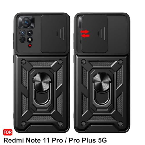 Image of TheGiftKart Tough Armor Bumper Back Cover Case for Mi Redmi Note 11 Pro /Pro Plus 5G | Kickstand & Ring Holder | 360 Degree Protection Back Cover Case (PC & TPU, Sliding Camera Cover, Black)
