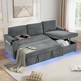tiramisubest 85'' Sleeper Sofa Bed, L-Shape Pull Out Couch with Storage Chaise, Chenille Modern Sofa | Side Pockets | LED Ambient Light | Cup Holders | Retractable Table | USB Charging Ports | Gray