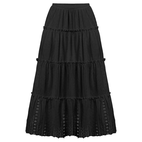 Women's Lace Embroidery Eyelet Maxi Skirt High Elastic Waisted Tiered A-Line Flowy Swing Boho Midi Long Skirts