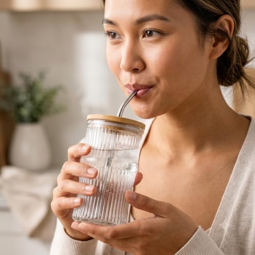 Image of Reusable Glass Coffee Sipper Mugs with Lid & Straw Multipurpose Drinking Glasses Tumbler for Juice Smoothies Iced Tea Home & Travel (Dark Greeen)