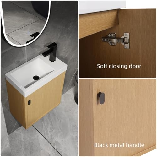 Image of 18.5 inch Bathroom Vanity with Resin Sink, Modern Wall-Mounted Floating Bathroom Vanity with Soft Closed Single Door for Home, Undermount Storage Cabinet, Easy to Clean, Natural Wood