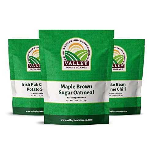 Valley Food Storage Partially Freeze Dried Food | Breakfast, Lunch, Dinner Combo | Maple Brown Sugar Oatmeal, Irish Pub Cheddar Soup, White Bean and Lime Chili | Emergency Survival Food | Long-Term Food Storage