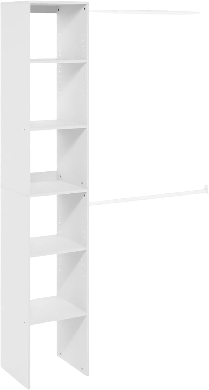 Fano Closet Storage Organizer Shelf Tower with 2 Adjustable Hanging Bars & 5 Shelves, White