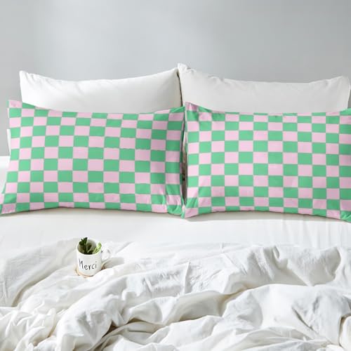 Image of Erosebridal Cute Plaid Bed Sheets Queen Pink Green Checkered Sheet Set Geometric Checkerboard Bedding Set for Kids Boys Girls,Aesthetic Grid Fitted Flat Sheets 4 Piece