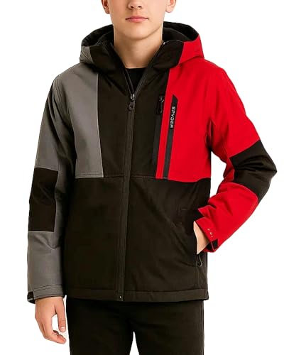 Spyder Boys Winter Ski Jacket - Insulated Soft Shell Water Resistant and Windproof Snowboard Winter Coat with Detachable Hood, Size 14-16, Spyder Red