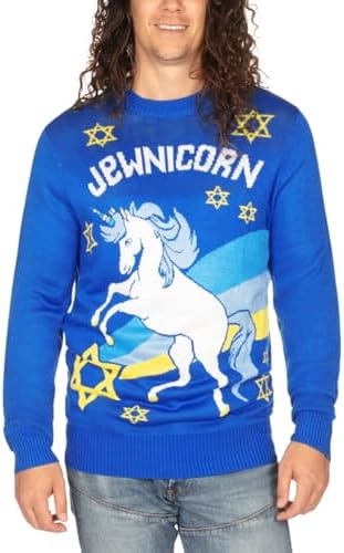 Tipsy Elves Hanukkah Erkek Kazakları - Tatiller için Erkek Çirkin Kazakları - Oyun Değiştiren Tasarımlarla Ultra Rahat, Jewnicorn (Mavi), 3XL - Görsel 1