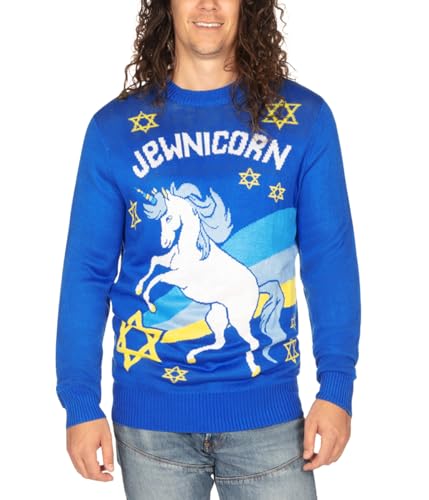 Tipsy Elves Mens Blue Jewnicorn Hanukkah Sweater Size X-Large