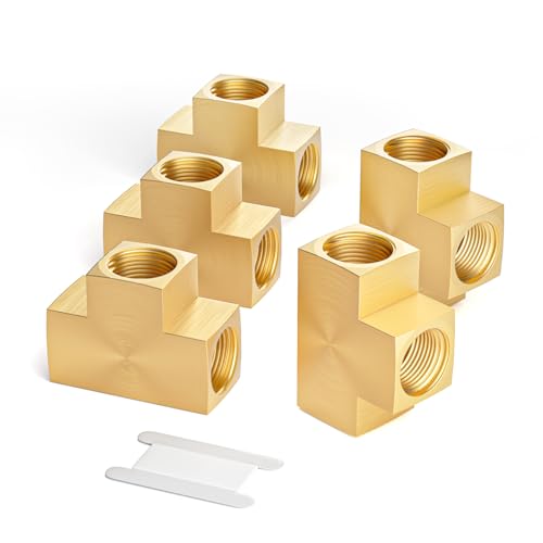 Image of GASHER 5 Pcs Brass Barstock Tee, 1 /4 inch x 1 /4 inch x 1 /4 inch NPT Female Pipe Fittings